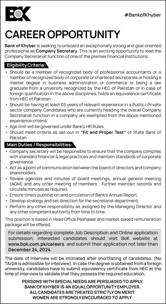 Company Secretary Jobs in BOK Peshawar