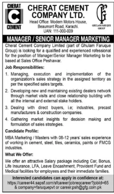 Manager Jobs at Cement Company Karachi