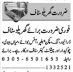 home staff job in lahore home